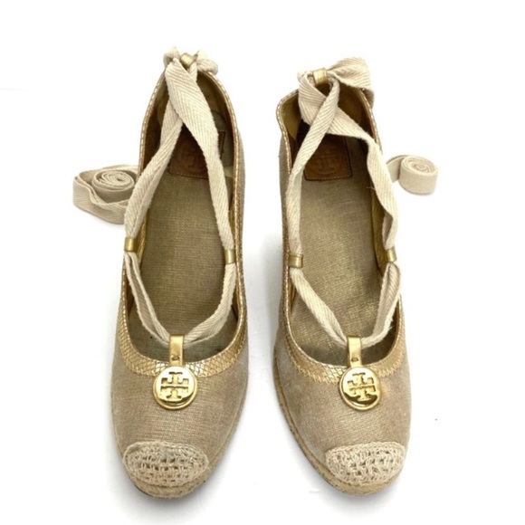 TORY Burch Canvas Lace up Ankle Espadrilles Wedge Heel In Gold Size 9 - Picture 2 of 8